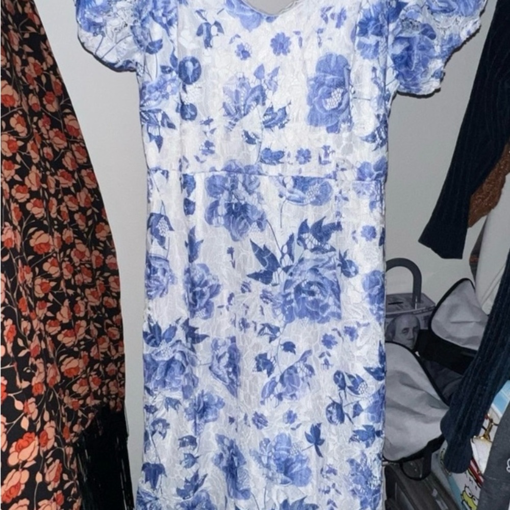 SHEIN Floral Lace Dress in Blue and White